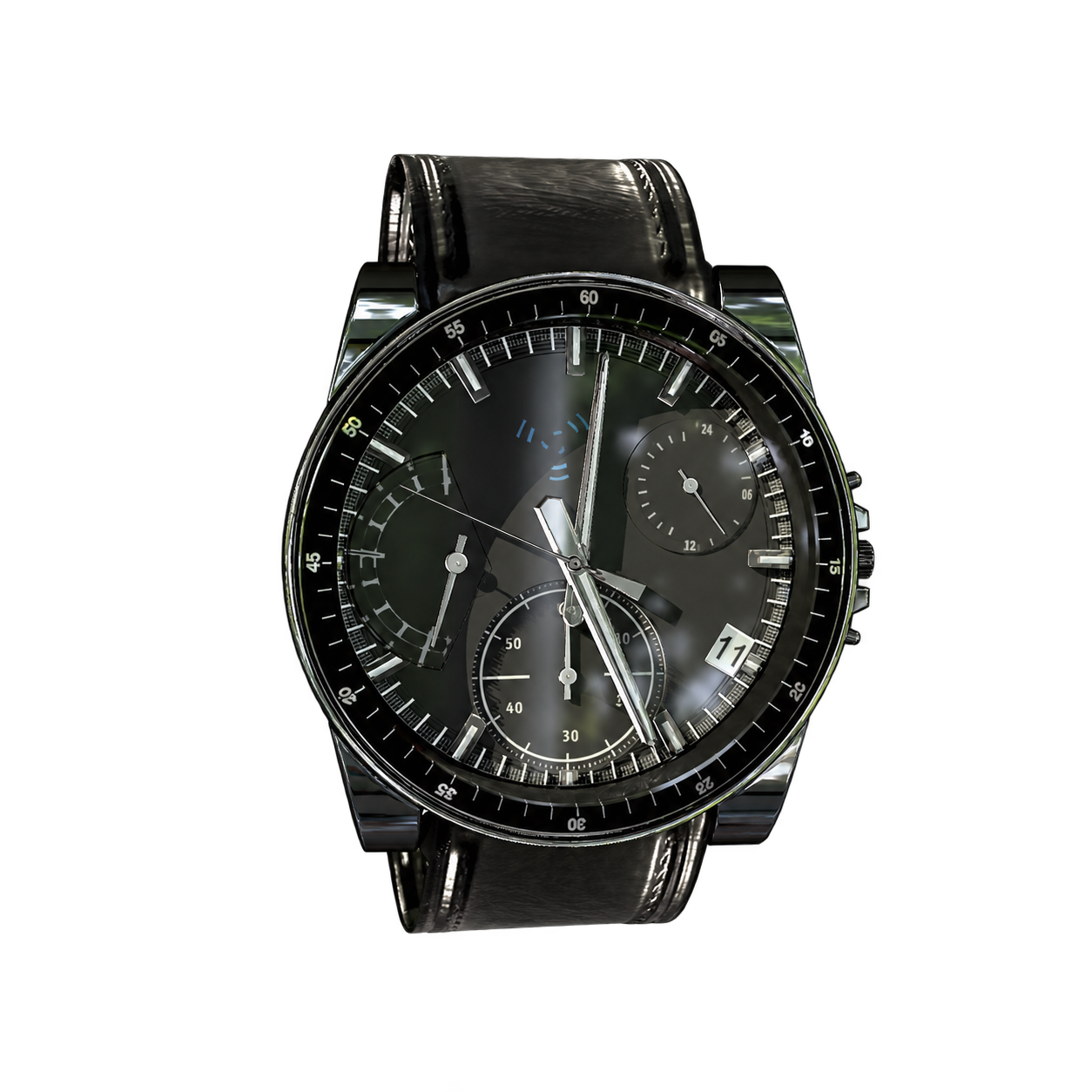 3D myndgerð af svörtu armbandsúri með málmáferð og svartri ól á gagnsæjum bakgrunni.